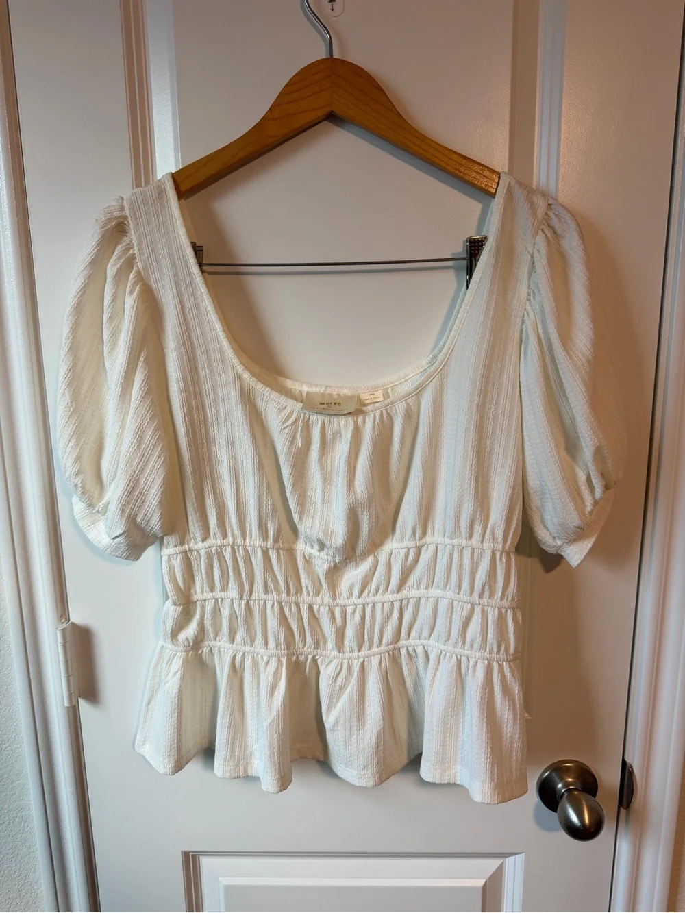 Anthropologie Maeve White Puff-Sleeve Smocked Waist Top